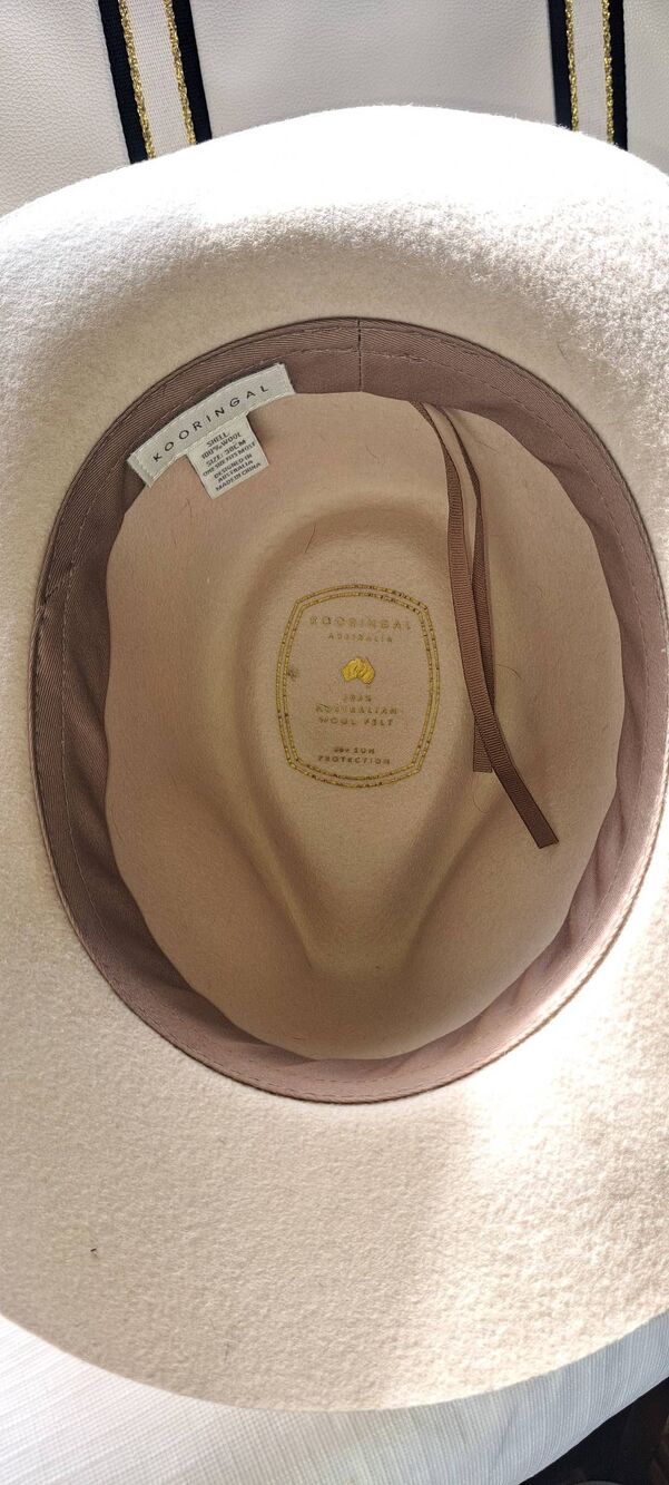 Kooringal Australia Wool Felt Fedora Hat Beige Tan Wide Brim Leather Band Size 7 - Picture 7 of 7